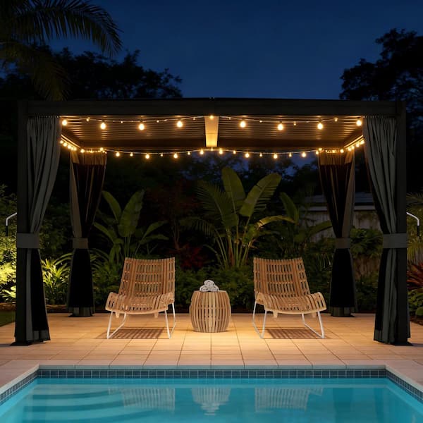 10 ft. W X 12 ft. D Ft Black Galvanized Steel Pergola With Louvered Roof, Curtain, And Protective Netting