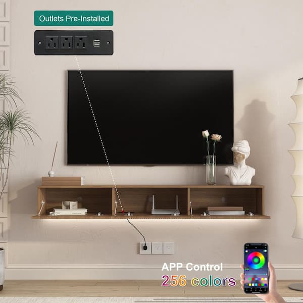 65 in. W x 11.8 in. D Brown MDF Wood Floating TV Stand Shelves Decorative Wall Shelf with Lights & Power Outlet