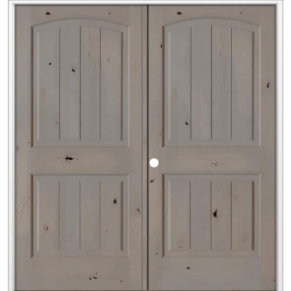 56 in. x 80 in. Knotty Alder 2-Panel Arch Top VG Right Active Weathered Gray Stain Wood Double Prehung Interior Door price history on PriceWatchPro