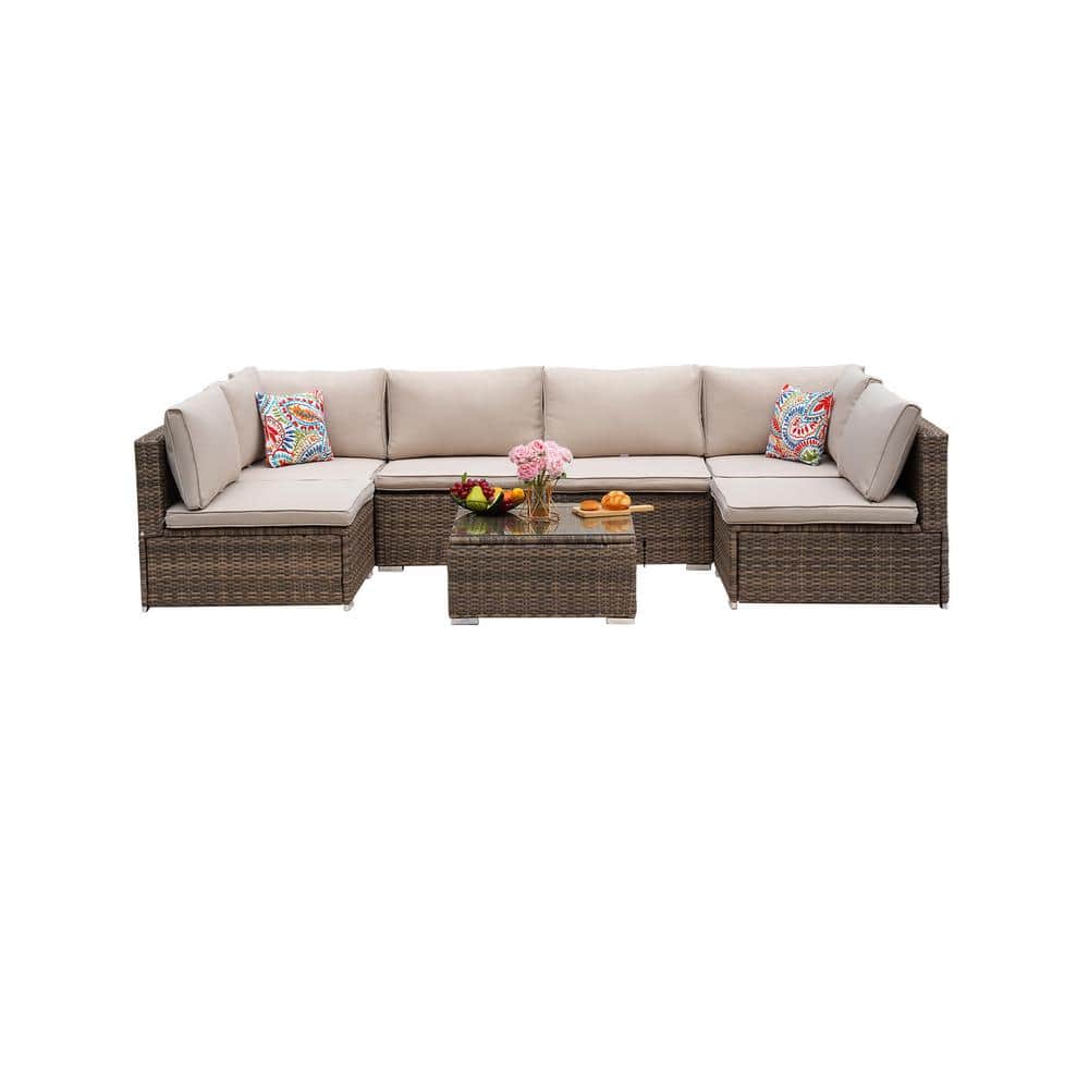 Light Brown 7-Piece Wicker Outdoor Sectional Sofa Set Patio Funiture Set wi