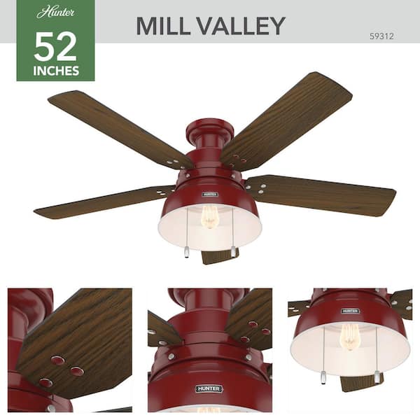 Hunter - Mill Valley 52 in. LED Indoor/Outdoor Low Profile Barn Red Ceiling Fan with Light