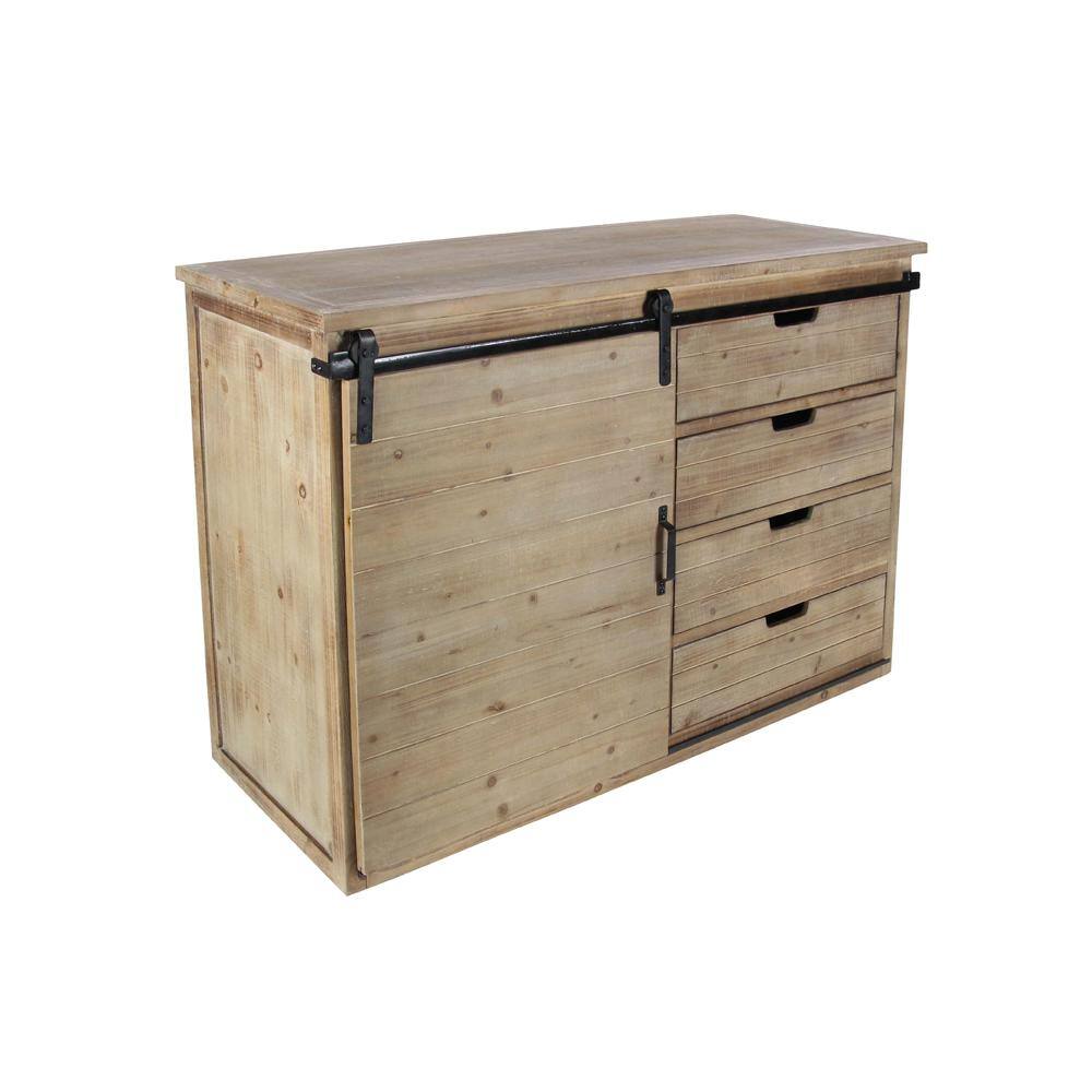 Brown Fir Wood Rustic Cabinet with Drawers and Sliding Door