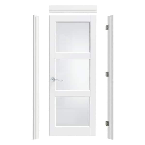 30in. x 80in. 3 Lite Frosted Glass, White Composite Prehung Interior Door Right-Handed with Quick Assemble Jamb & Handle