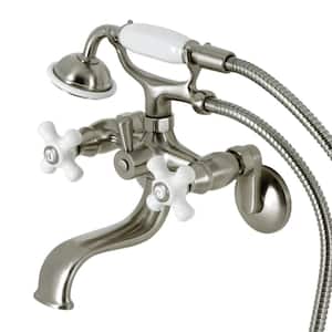 Kingston 3-Handle Wall-Mount Clawfoot Tub Faucet with Hand Shower in Brushed Nickel