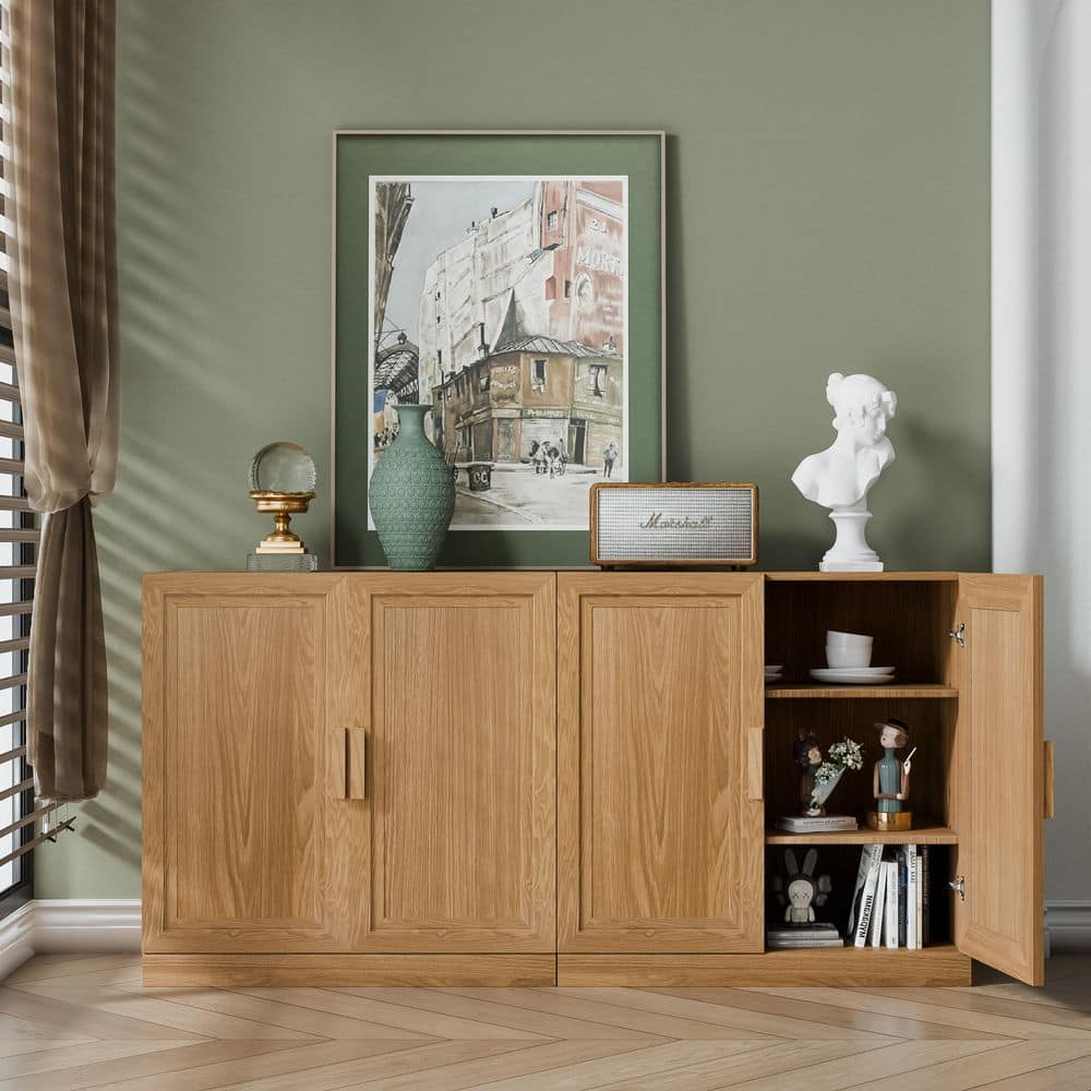Modern Natural Wood 62 in. Buffet Sideboard with Doors and 4-Adjustable Shelves for Dining Room, Living Room or Entryway