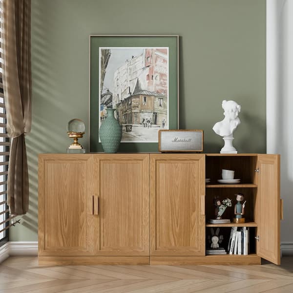 Modern Natural Wood 62 in. W Buffet Sideboard Dining Table with Door and 4 Adjustable Shelves (31 in. H x 16 in. D)