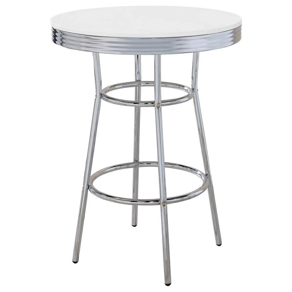 Contemporary Chrome and White Round Wood-Glass Bar Table
