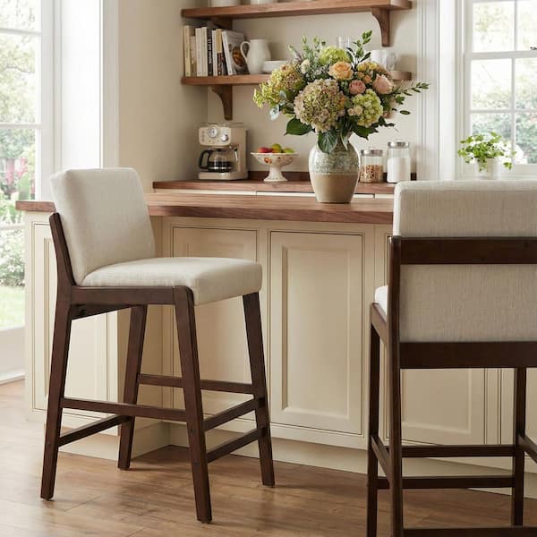 42.25 in. H Dark Walnut Finish Wood Frame Bar Stools with Beige Cushion (Set of 2)