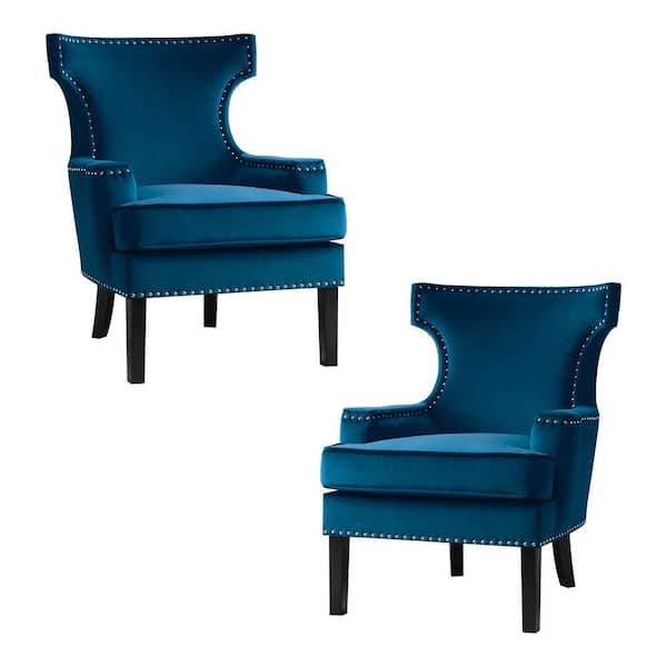 EVERGLADE HOME Pierre Blue Velvet Upholstery Nailhead Trim Back Accent Chair (Set of 2)