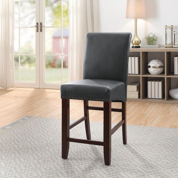 OSP Home Furnishings Parsons 25.5 in. Wood Barstool with Antique Bronze Nail Heads in Pewter Faux Leather