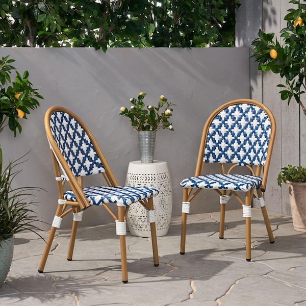2-Piece Metal and Wicker Outdoor Bar Stool with White and Navy Blue Seats