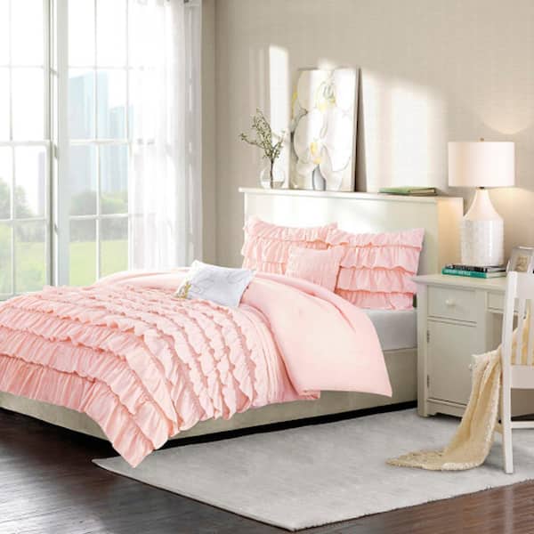 Afoxsos Intelligent Design Waterfall Ruffled Multi-Layers Cotton Comforter Set Full/Queen Size, 5 Pieces Blush Pink