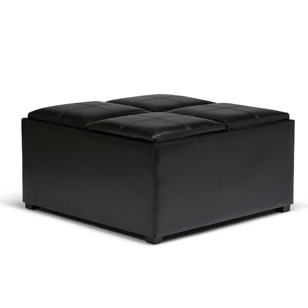 Square Faux Leather Pouf 52, Faux Leather Ottoman With Reversible Tray Tops White