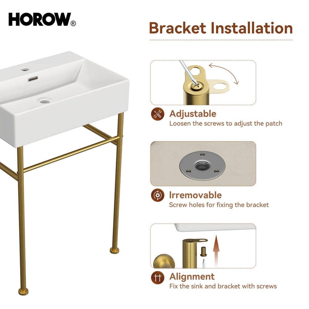 24 Inch White Ceramic Console Sink with Gold Metal Legs