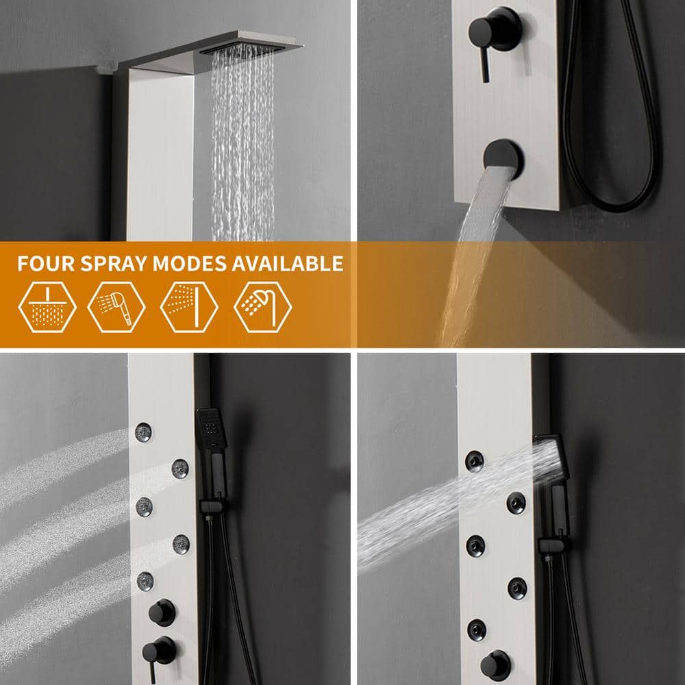 Brushed Nickel 4-Jet Rainfall Shower Panel System with Handheld Wand