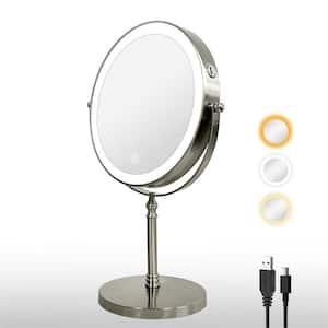 8 in. W x 8 in. H Round Tabletop LED Makeup Mirror with 10X Magnification, Brightness Adjustment,Gift for Girls-Nickel