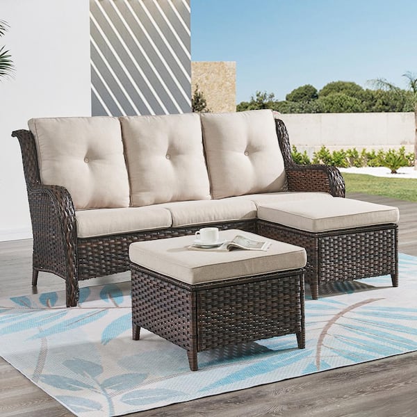 Pocassy Brown 3-Piece Wicker Outdoor Patio Seating Conversation Set Sectional Sofa and Ottoman with Beige Cushions