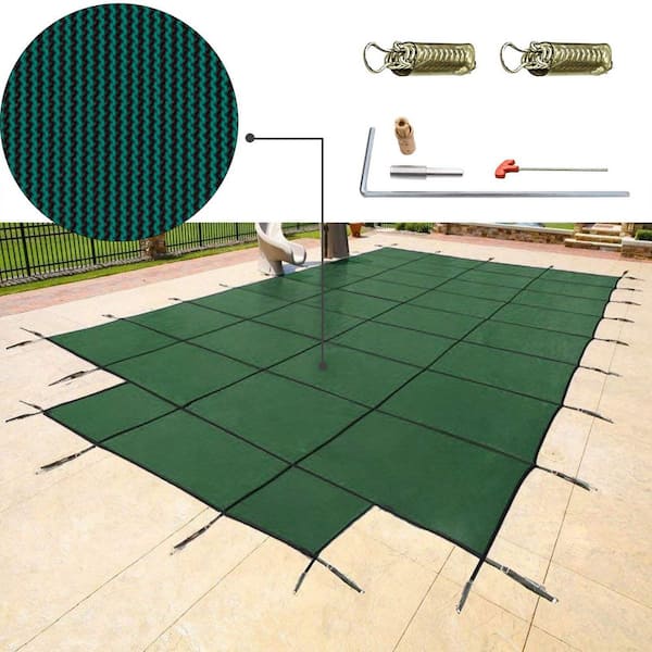 Green Pool Safety Cover Fits 18x36ft. Rectangle Inground Pools, with 4x10ft. Center End Step, Mesh Solid Pool Cover