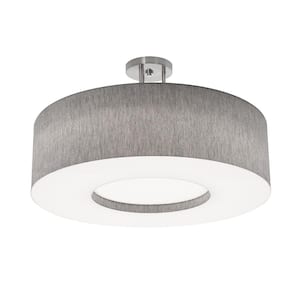 24 in. 3-Light Satin Nickel, Grey, White Transitional Semi-Flush Mount With Shade