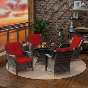 5-Piece 4-Seat Rattan Wicker Patio Conversation Set with Red Cushions and Fire Pit Table