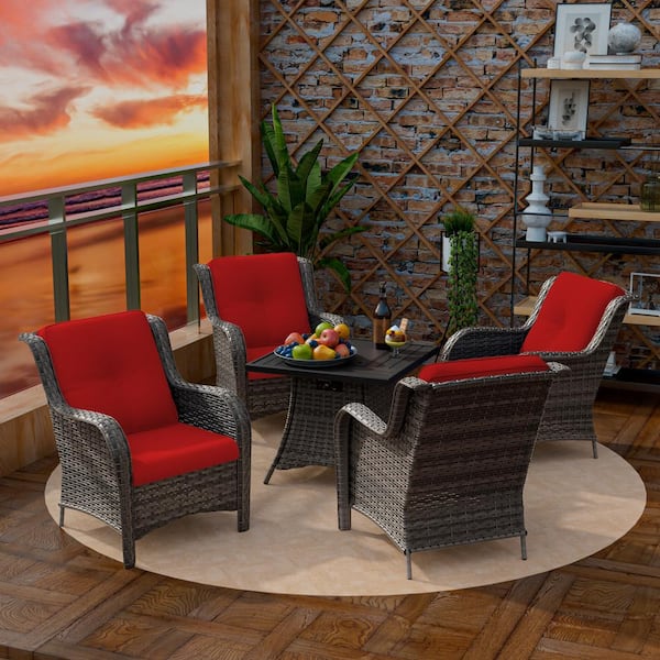 MeetLeisure 5-Piece 4-Seat Rattan Wicker Patio Conversation Set with Red Cushions and Fire Pit Table