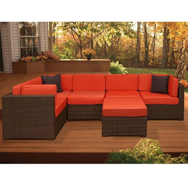 Atlantic Contemporary Lifestyle Bellagio Brown 6-Piece All-Weather Wicker Patio Sectional Seating Set with Orange Cushions