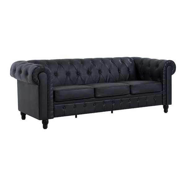 HOMESTOCK 88.58 in. W Round Arm Faux Leather Chesterfield Sofa, Tufted 3-Seat Cushions Rectangle Sofa in. Black PU