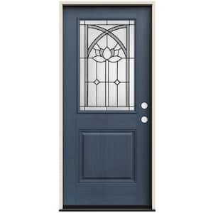 36 in. x 80 in. Left-Hand/Inswing 1/2 Lite Ardsley Decorative Glass Denim Fiberglass Prehung Front Door
