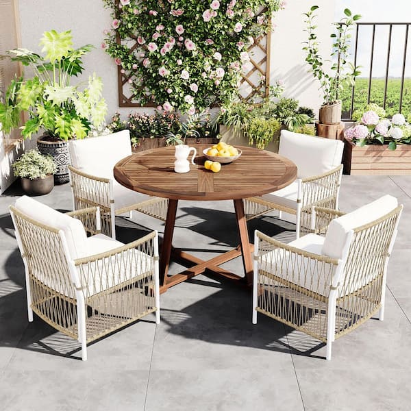 5-Piece Acacia Wood Outdoor Dining Set with White Cushions, Round Kitchen Table Set with 4 Rattan Arm Chairs, Natural