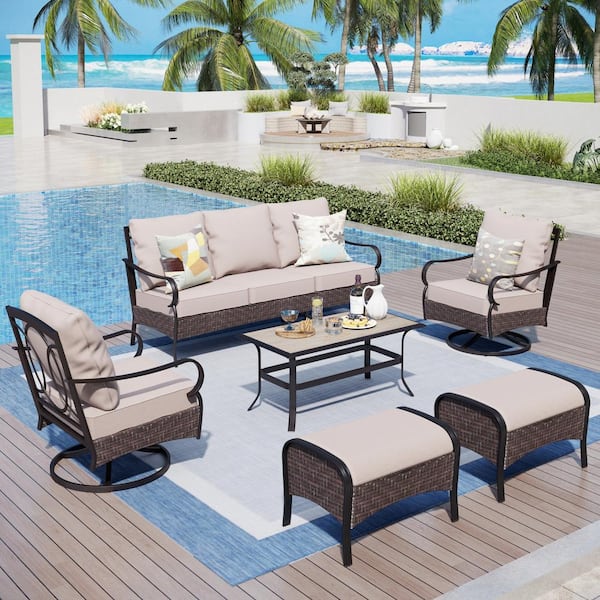 PHI VILLA Dark Brown Rattan 7 Seat 6-Piece Steel Outdoor Patio Conversation Set with Beige Cushions, Table with Wood-Grain Top