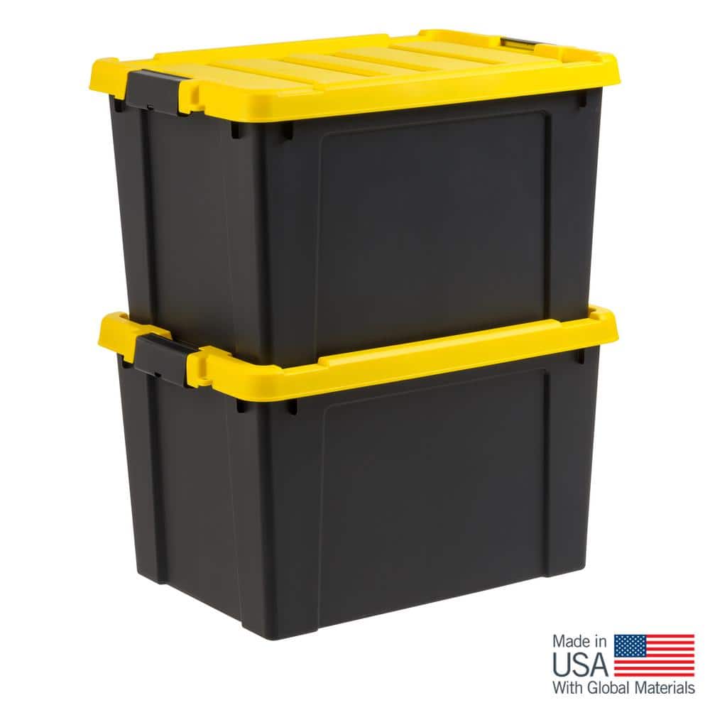 Heavy Duty Black and Yellow Stackable Storage Totes with Lids