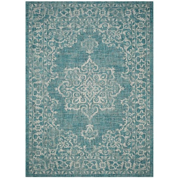 SAFAVIEH Courtyard Blue/Gray 7 ft. x 10 ft. Border Ornate Indoor/Outdoor Area Rug