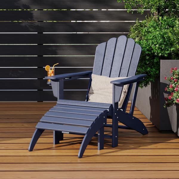 Aderson 2-Piece All Weather Outdoor Patio HDPE Adirondack Chair with Cup Holder and Matching Ottoman in Navy Blue