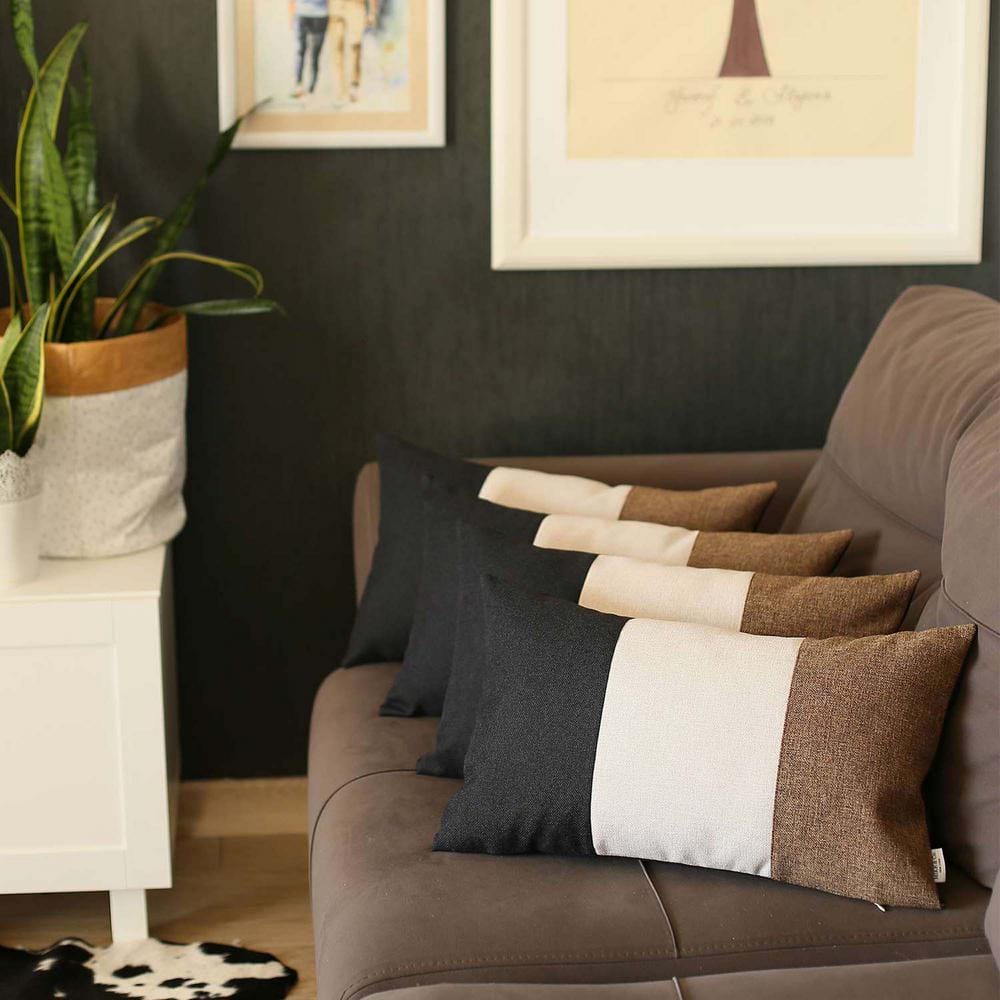Boho-Chic Black, Ivory, and Brown Polyester Lumbar Pillow Covers Set of 4