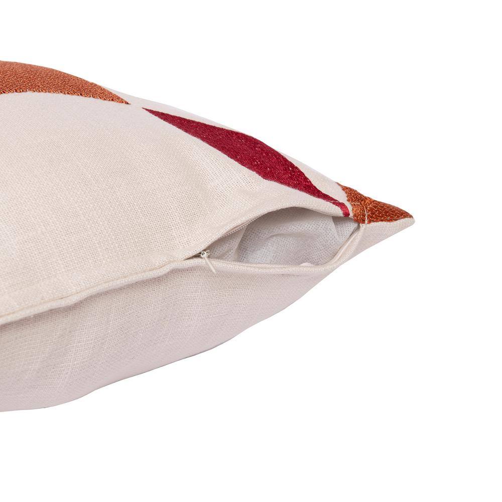 Ivory and Orange Embroidered Cotton Blend Square Throw Pillow