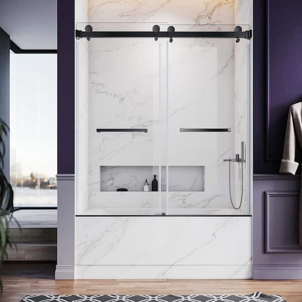 UNIKOO UKD01 61 to 65 in. W x 66 in. H Double Sliding Frameless Bathtub Door in Matte Black W/ EnduroShield 3/8 in. Clear Glass