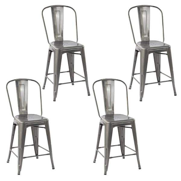 Homy Casa THOCAR 24 in. Kitchen Counter Height Silver Metal Bar Stools with Slat High Backrest, Indoor Outdoor set of 4