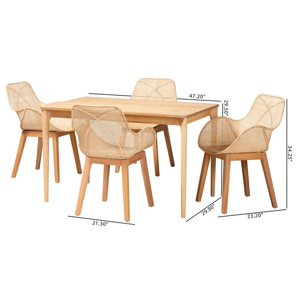 Natural Brown Mahogany Wood and Rattan 5-Piece Dining Set