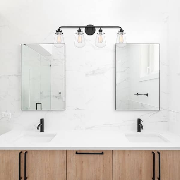 Elliott 32 in. 4-Light Matte Black Industrial Vanity Light with Clear Glass Shades