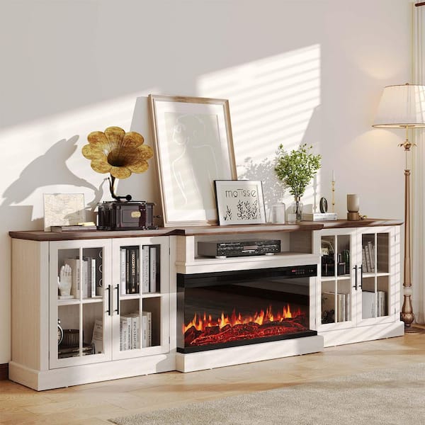 98 in. Freestanding Wooden TV Stand with 3-Sided Electric Fireplace and Dual Glass Cabinets in White