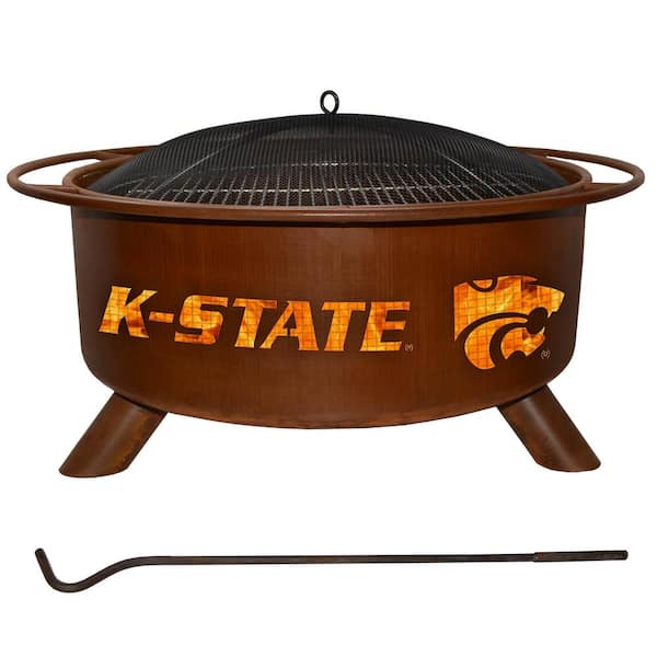 Unbranded Kansas State 29 in. x 18 in. Round Steel Wood Burning Rust Fire Pit with Grill Poker Spark Screen and Cover