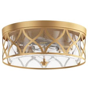 Industrial 13.77 in. 2-Light Gold Farmhouse Flush Mount Ceiling Light with Seeded Glass Shade