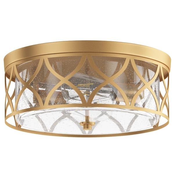 aiwen Industrial 13.77 in. 2-Light Gold Farmhouse Flush Mount Ceiling Light with Seeded Glass Shade