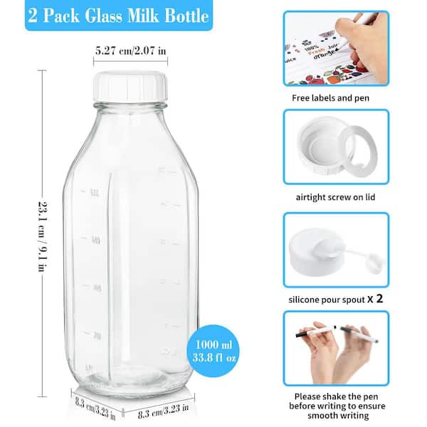 Wudkey 2-Pack Glass Milk Bottle with 2 Dispenser Caps, 32 oz. Reusable Glass Water Jug with 3-Lids for Nut Juice Syrup