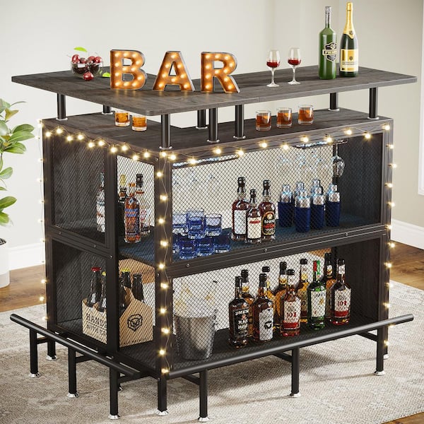 BYBLIGHT Kearsten Gray L-Shaped Home Bar Unit, Liquor Bar Table with Stemware Racks and 2-Tier Shelves