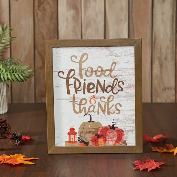 Food Friends and Thanks 12 in. x 10 in. Fall Leaves Wooden Wall Art