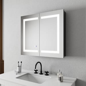 Velux 30 in. W x 26 in. H Rectangular Silver Aluminum Recessed/Surface Mount Dual Swing Medicine Cabinet with Mirror LED