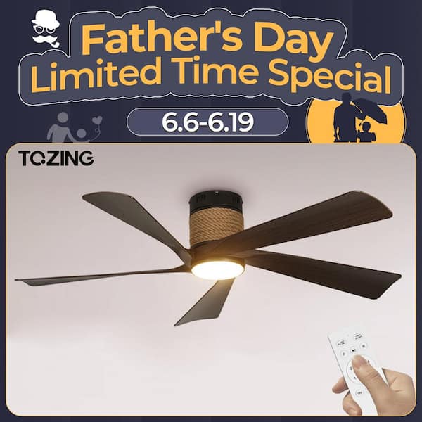 TOZING 52 in. Smart Indoor Black Wood Rope Low Profile Standard Flush Mount Ceiling Fan Light with LED with Remote Control