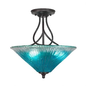 Royale 16 in. Dark Granite Semi-Flush with Teal Crystal Glass Shade