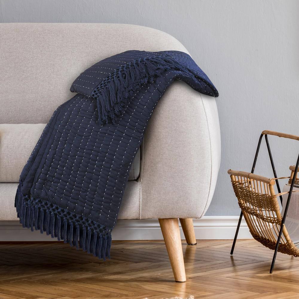 Navy and Off-White Organic Cotton Reversible Throw Blanket